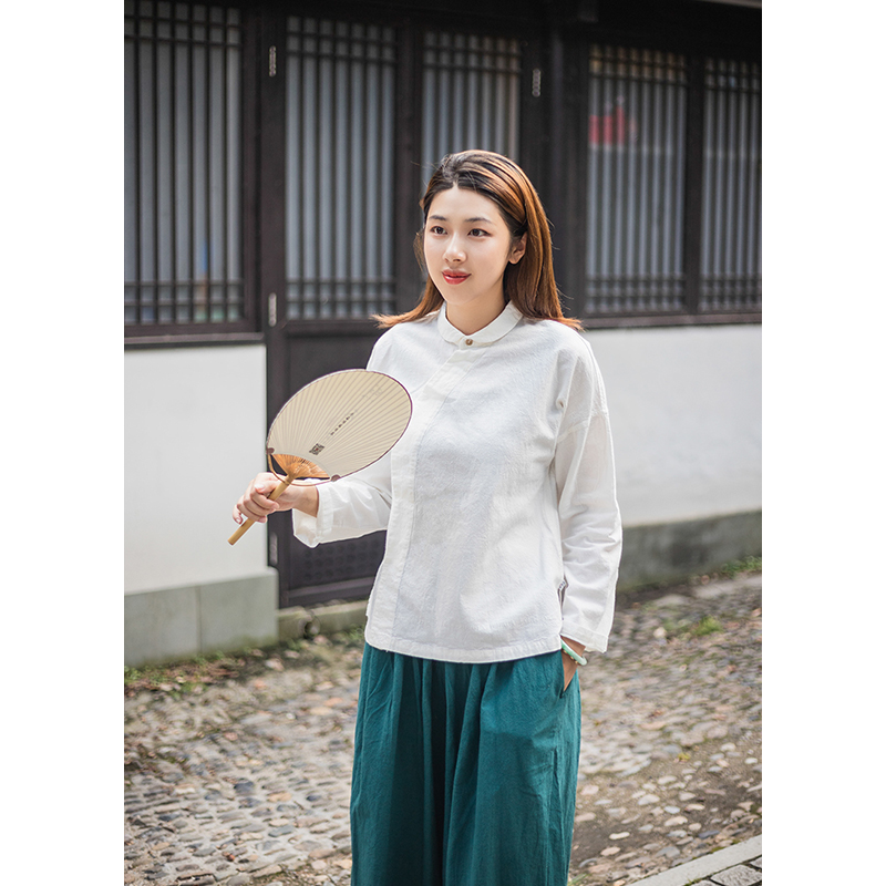 【照本堂棉麻】秋季新款新中式棉麻20支斜襟小翻领长袖上衣W12251