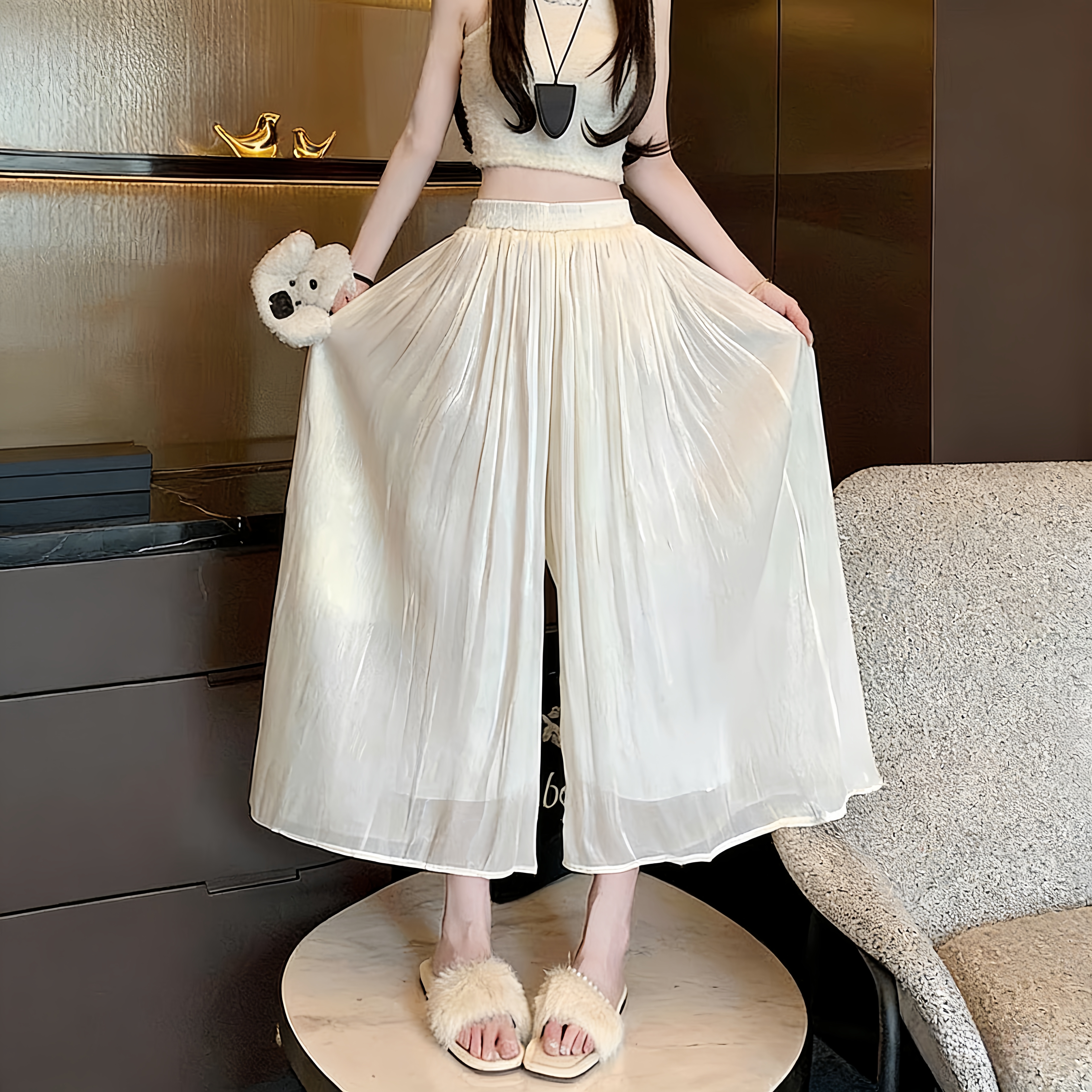 琉璃纱裤裙女2026新款夏季薄款冰丝雪纺阔腿裤垂感褶皱百褶裙裤子