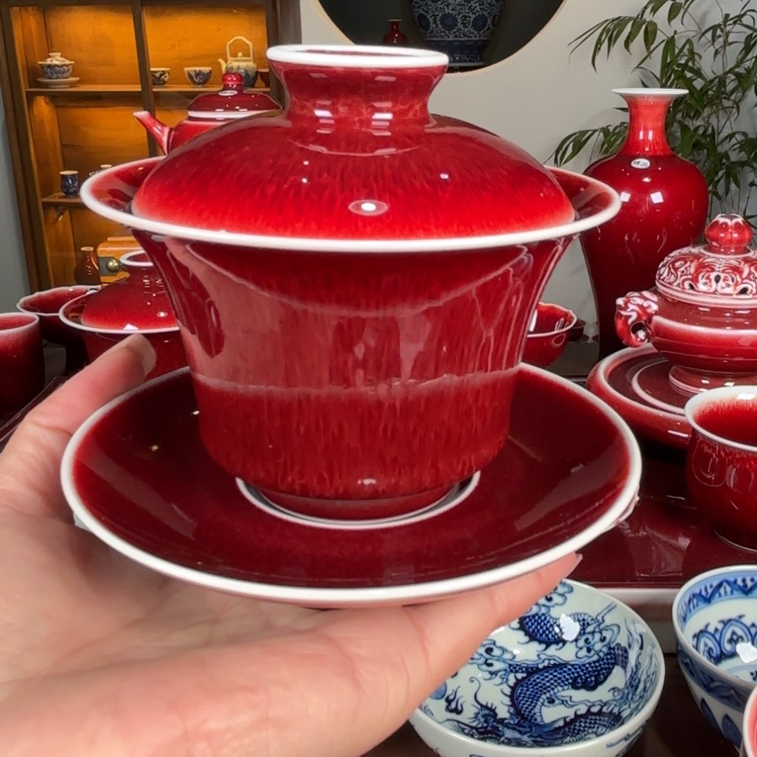 杯闻轩坊原矿郎红 马蹄盖碗