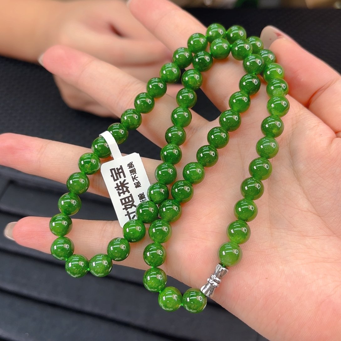 颈饰未镶嵌和田玉碧玉卡8妈妈链 阳绿