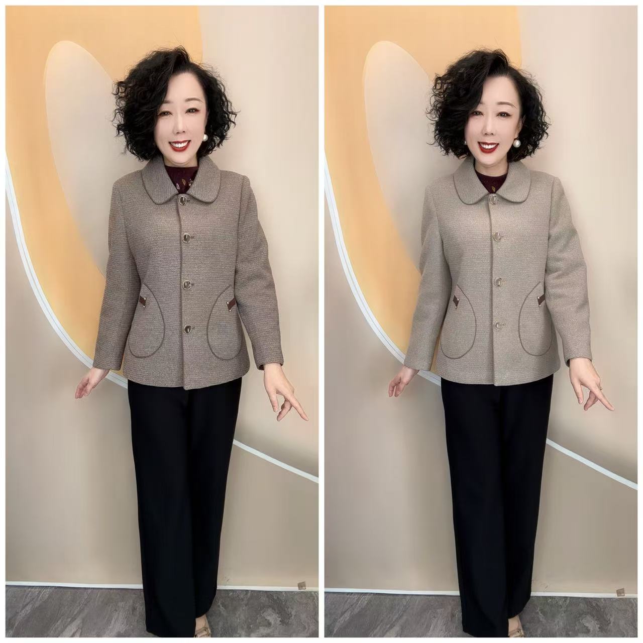 8661新款中老年妈妈小碎格加衬时尚宽松大码外套，65衣长