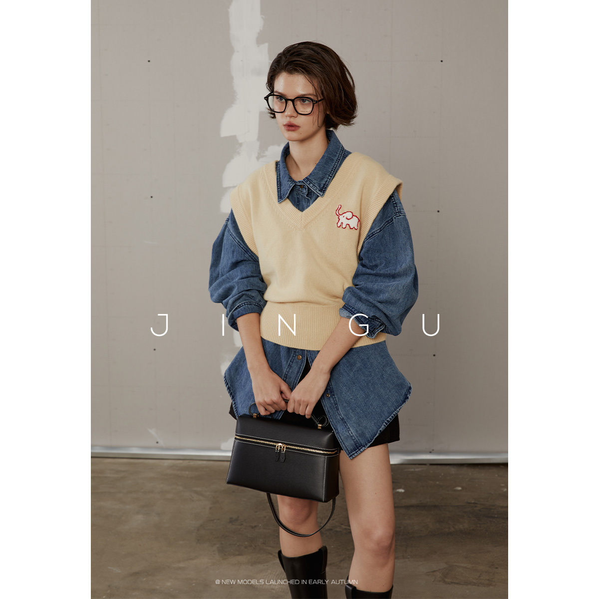 JG黑标撞色小象针织风马甲复古宽松无袖日系马夹JG12230155