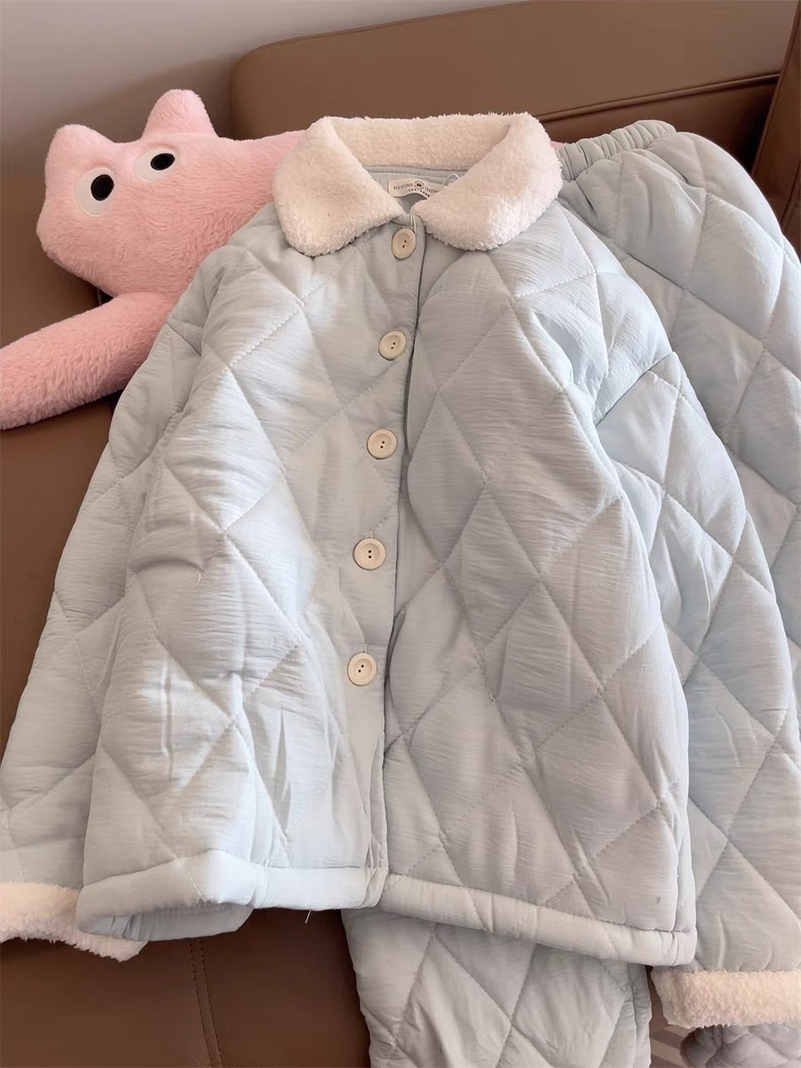 三层加厚夹棉睡衣女款冬季韩系简约纯色加绒保暖家居服套装可外穿
