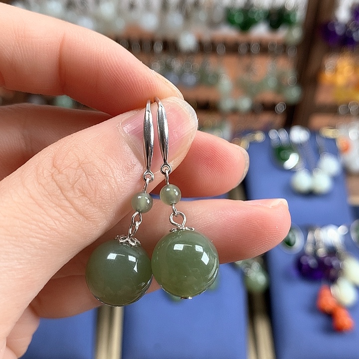 和田玉银S925镶嵌耳饰12左右晴水绿