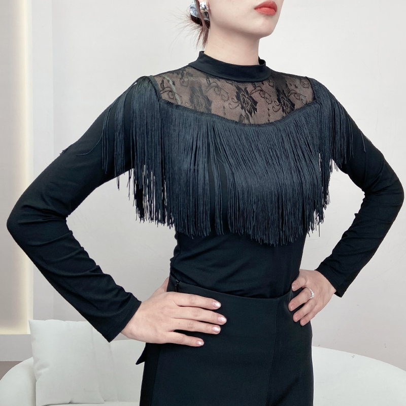 广场舞新款成人拉丁舞时尚练功服女流苏上衣现代舞练功服黑色长袖