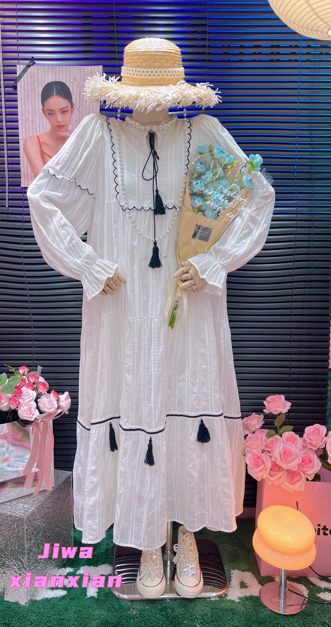 刘媛媛欧货 实拍蕾丝仙女中长宽松喇叭袖大版连衣裙