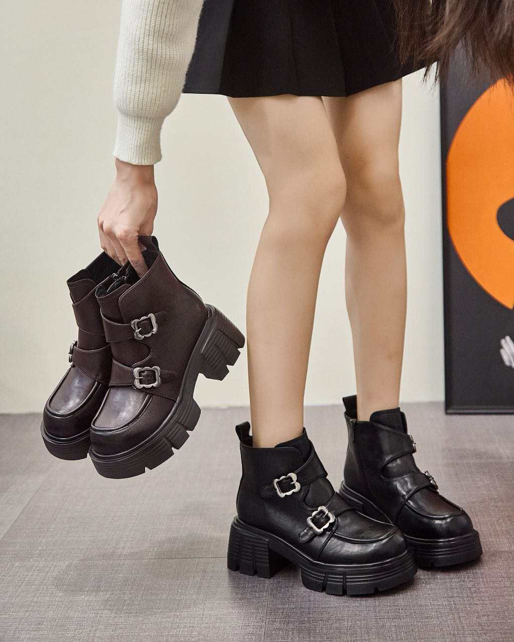 【新疆直发】厚底增高真皮魔术贴轻便粗跟英伦风加绒乐福靴68812