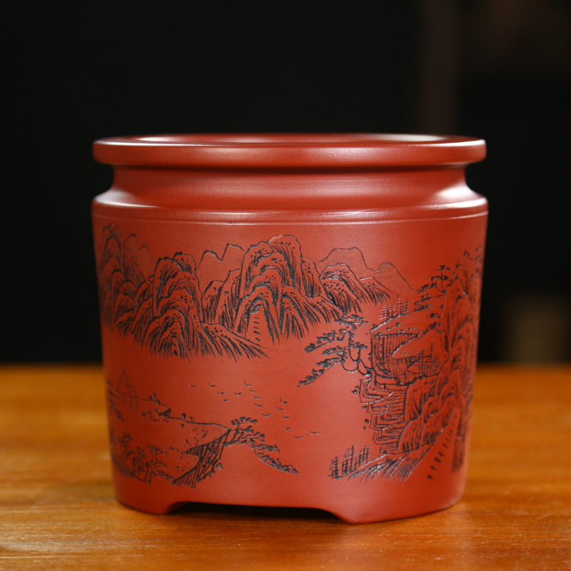 精品大红袍紫砂花盆刻通转山水圆口简约兰花盆栽透气绿云陶瓷花盆