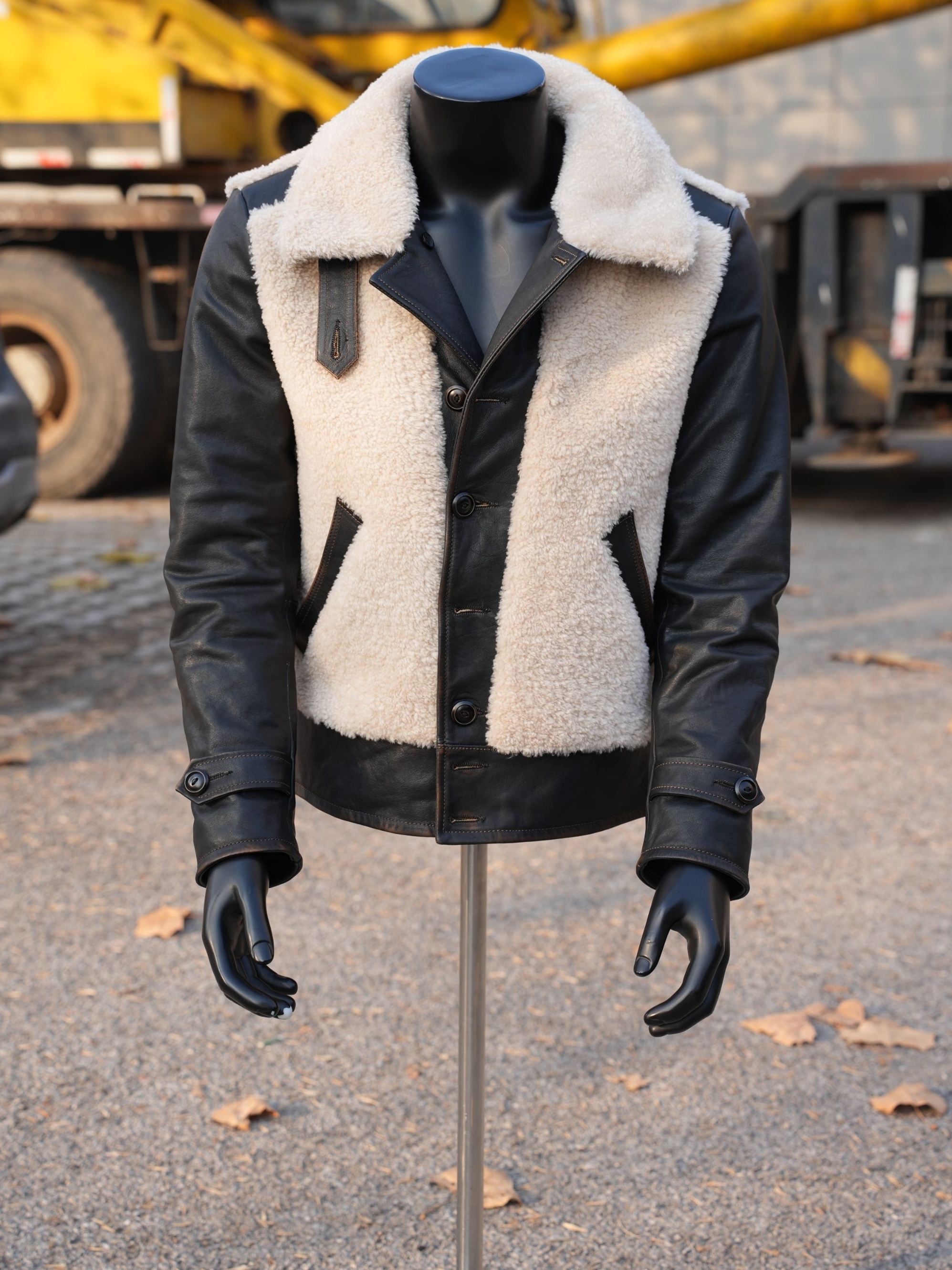 [白熊]皮毛一体冬季修身男外套羊羔毛小黄牛美式复古重水洗