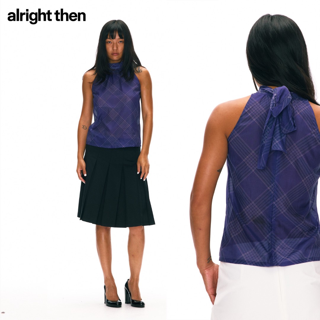 alright then蓝紫色格纹立领翻折飘带无袖小衫