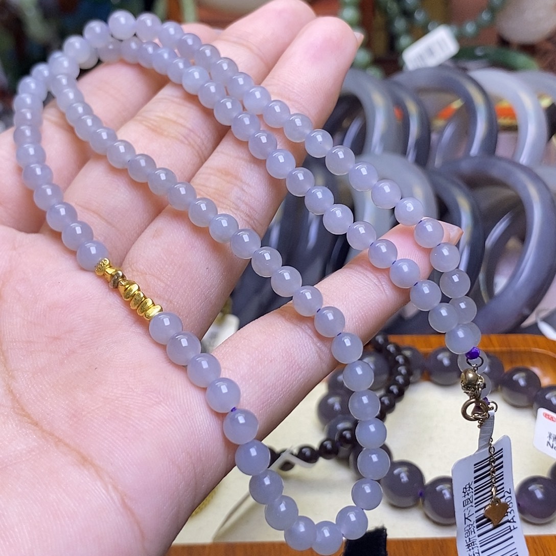 未镶嵌手链和田玉冰烟紫老矿料锁骨链5mm