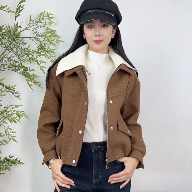 6892-1冬款宽松加厚保暖可拆卸针织翻领百搭夹棉短款外套