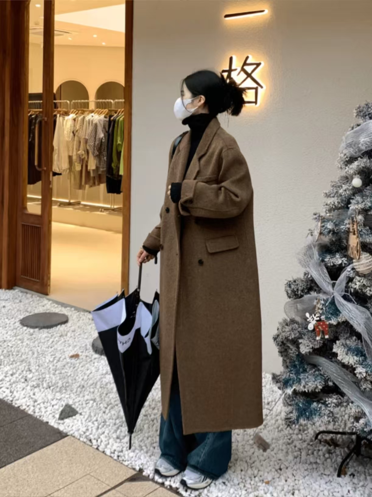 笑笑-豹纹女长款毛呢外套苏柒羊绒大衣韩版双排扣宽松