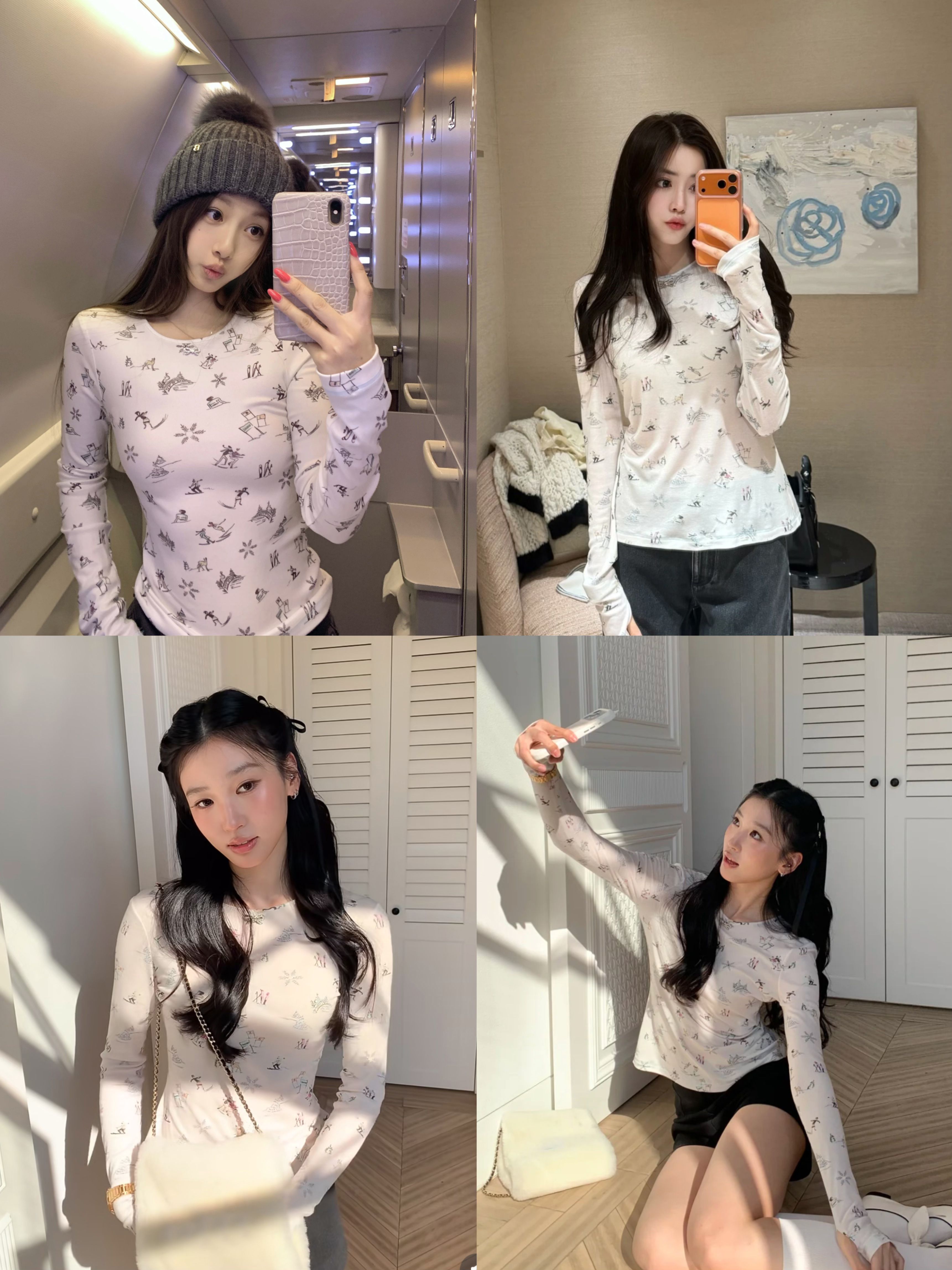 甜美娇俏 滑雪系列满身印花圆领蝴蝶结钻扣修身正肩长袖T恤80413