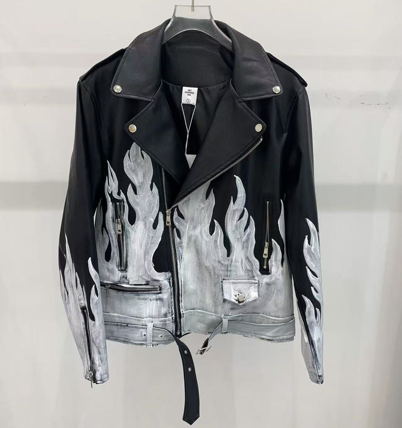 (年底清仓）8806-8  秋冬潮流时尚机车风洗水手绘皮衣男百搭外套