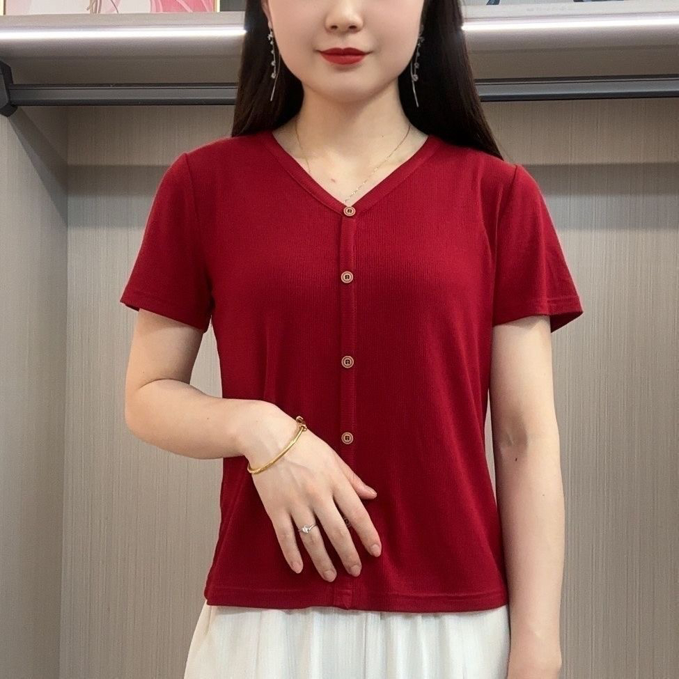 999V领针织女士短袖棉t恤显瘦圆领T恤休闲短袖薄款纯色