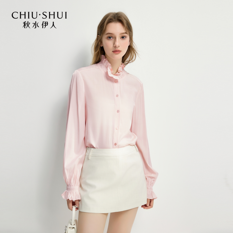 秋水伊人荷叶边衬衫2025年春季新款女泡泡袖上衣625101E060293