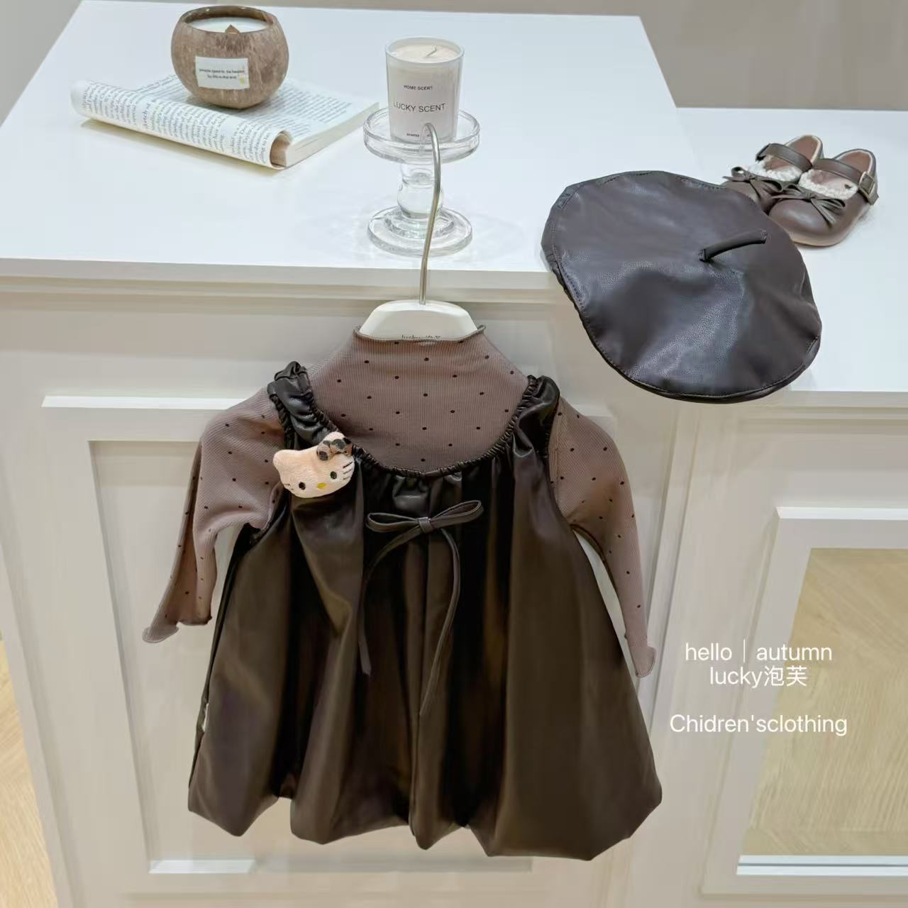 【实体现现】女童时髦kt小皮裙秋季洋气女宝宝波点打底衫连衣裙套装