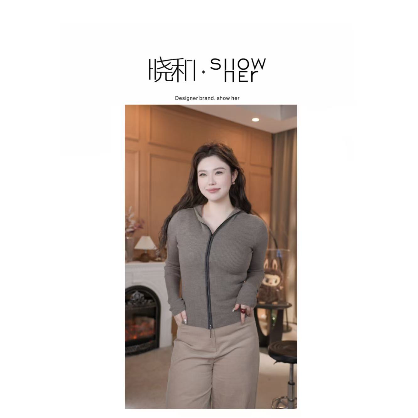 SHOW HER 【连帽开衫】100羊M'连帽常规开衫款毛针织衫修身秋冬bra