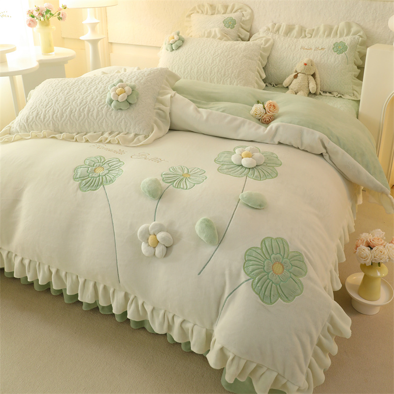 2025新款高克重牛奶绒床盖款韩版立体花四件套被套-花朵花朵系列