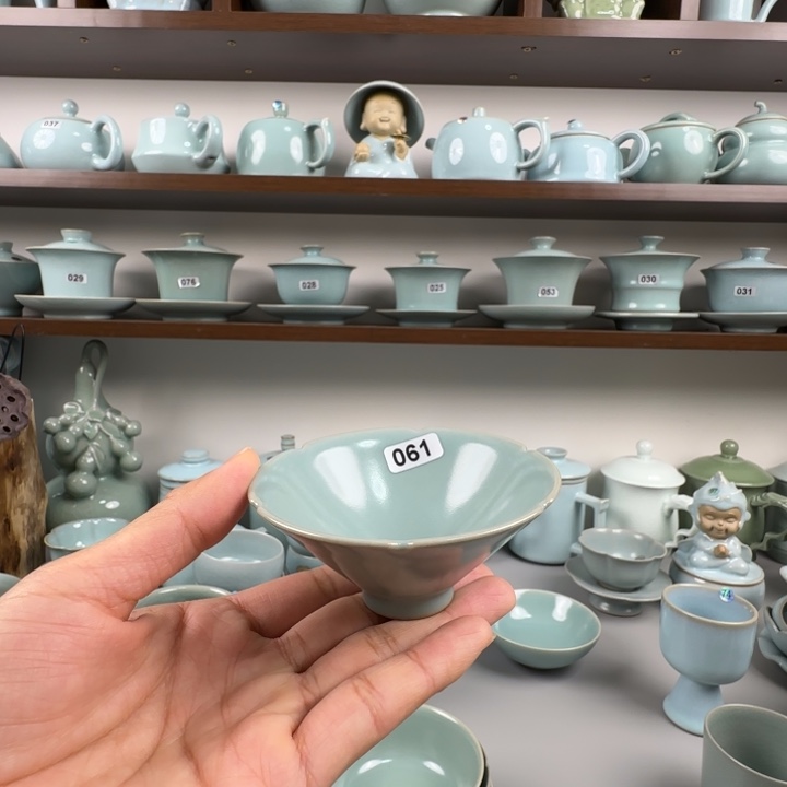 摆件汝瓷花口斗笠杯圈足烧仿古釉微瑕061孤品