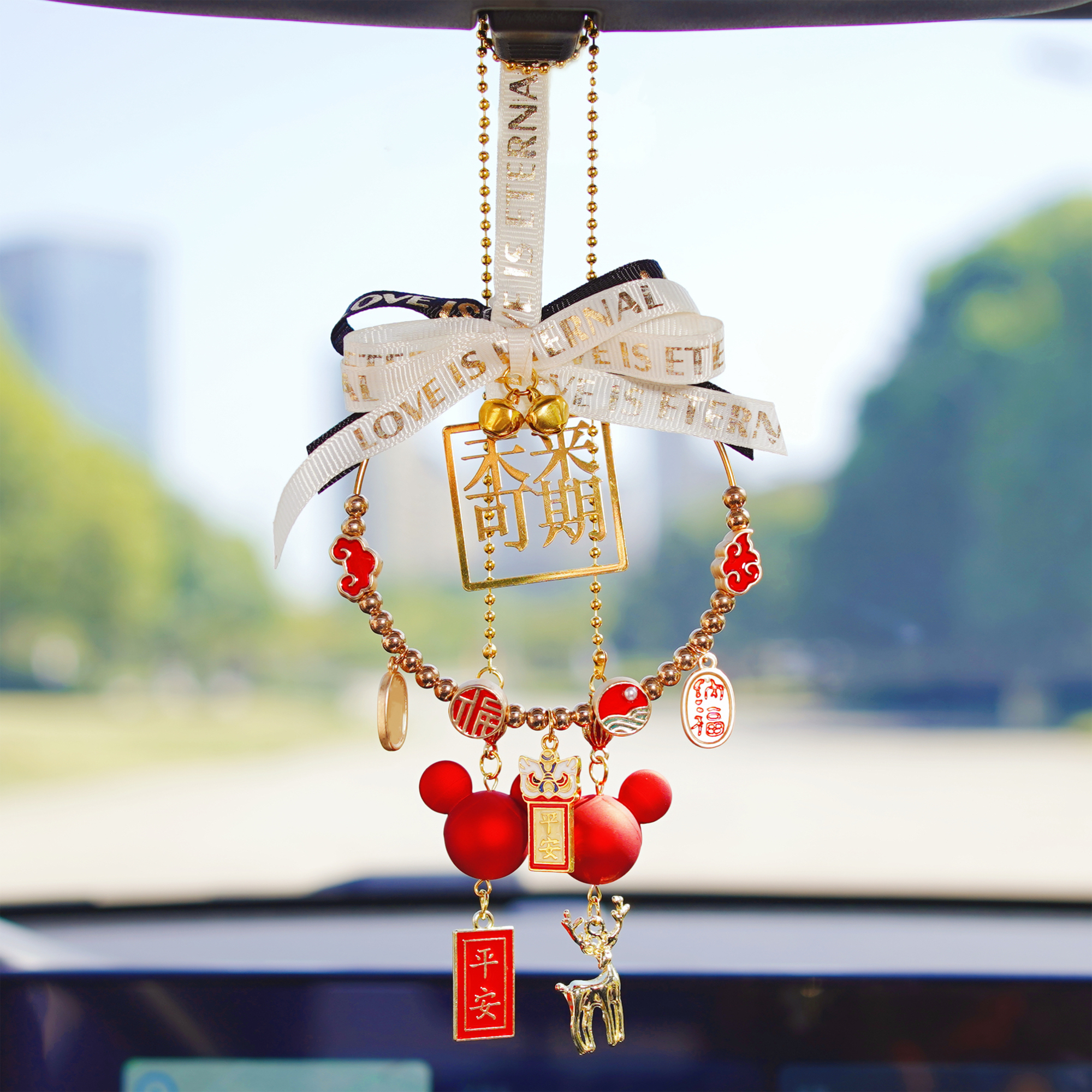 一鹿平安汽车后视镜车内吊饰中国红车载吊坠挂饰女神款挂件后视镜