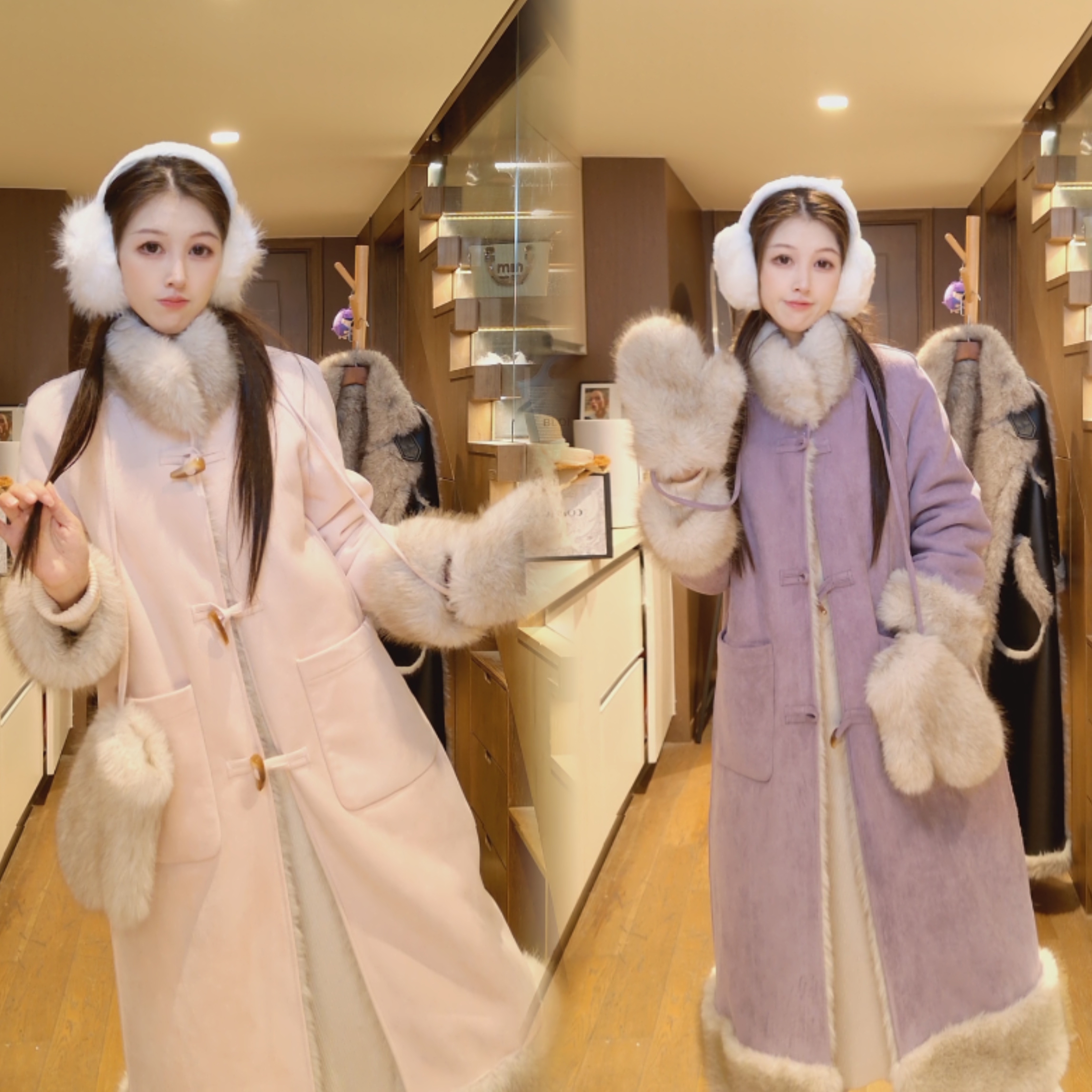 【浅浅印象】2025新款糖果色系长款毛毛大衣时尚新品保暖贴士保暖