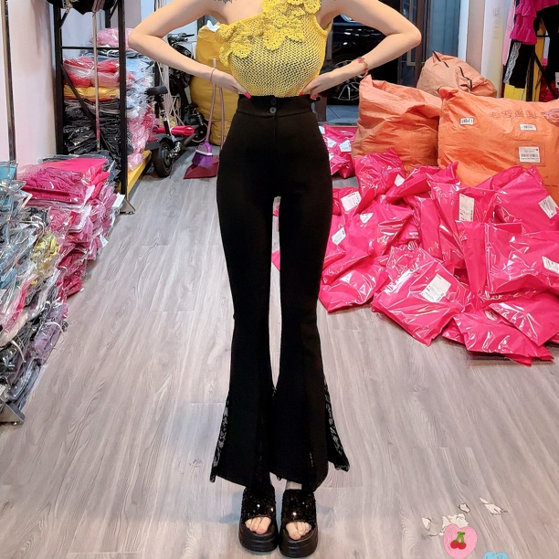 漂亮家「完美身材」高腰收腹显瘦拼蕾丝边大喇叭西裤9108