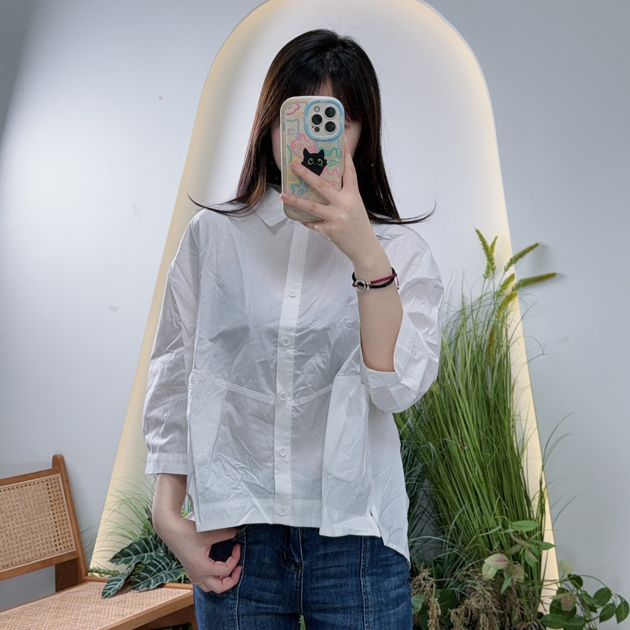 泡泡袖简约休闲上衣衬衣春季夏季春夏衬衫女单排多扣短款时尚