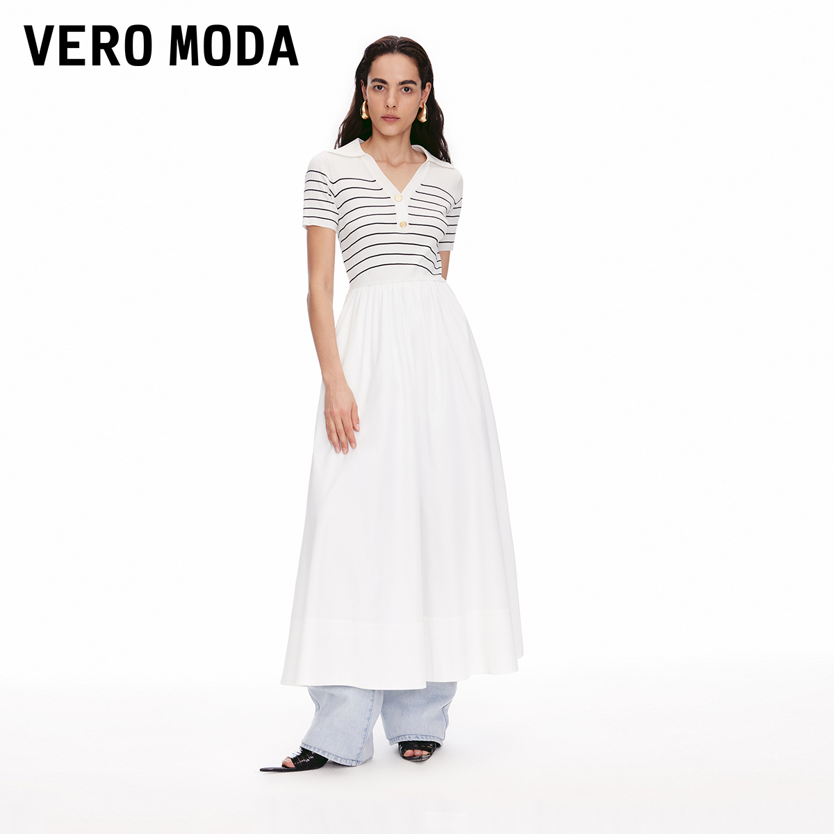 Vero Moda连衣裙2025夏季新款V形翻领撞色条纹针织拼接纯欲小众