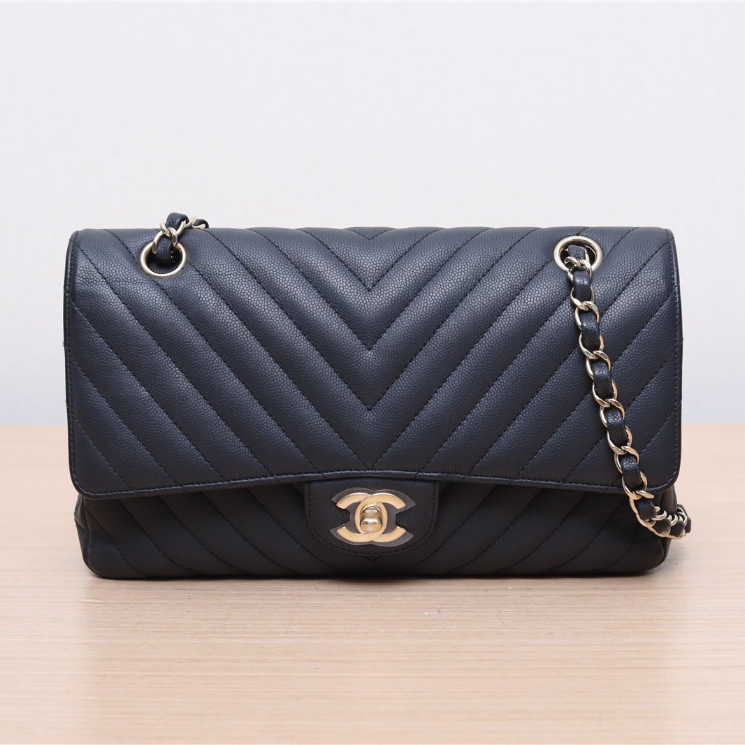 95新 Chanel/香奈儿 活动双双 CF口盖包 中号 25.5cm 荔枝皮革C
