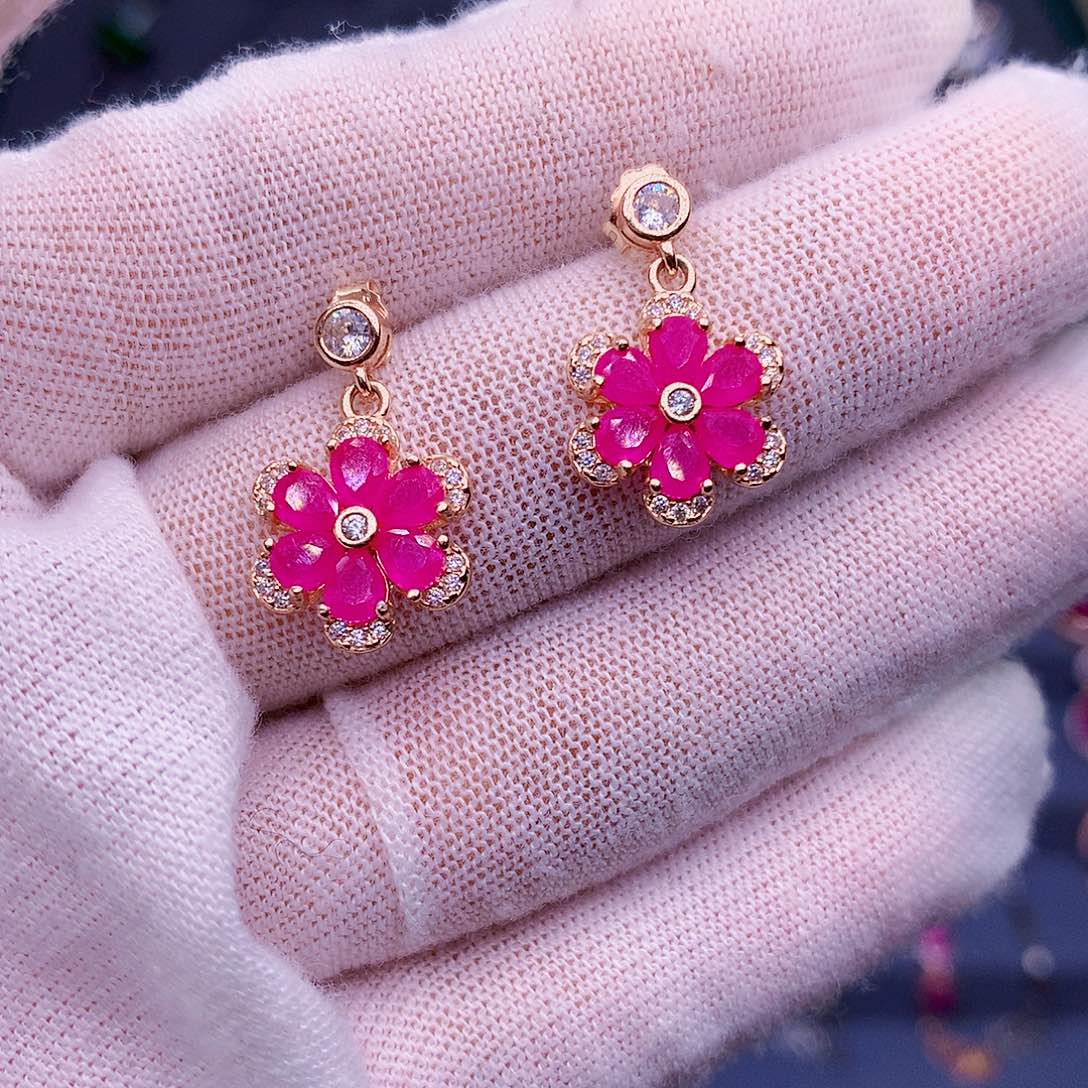 红宝石耳饰银S925镶嵌