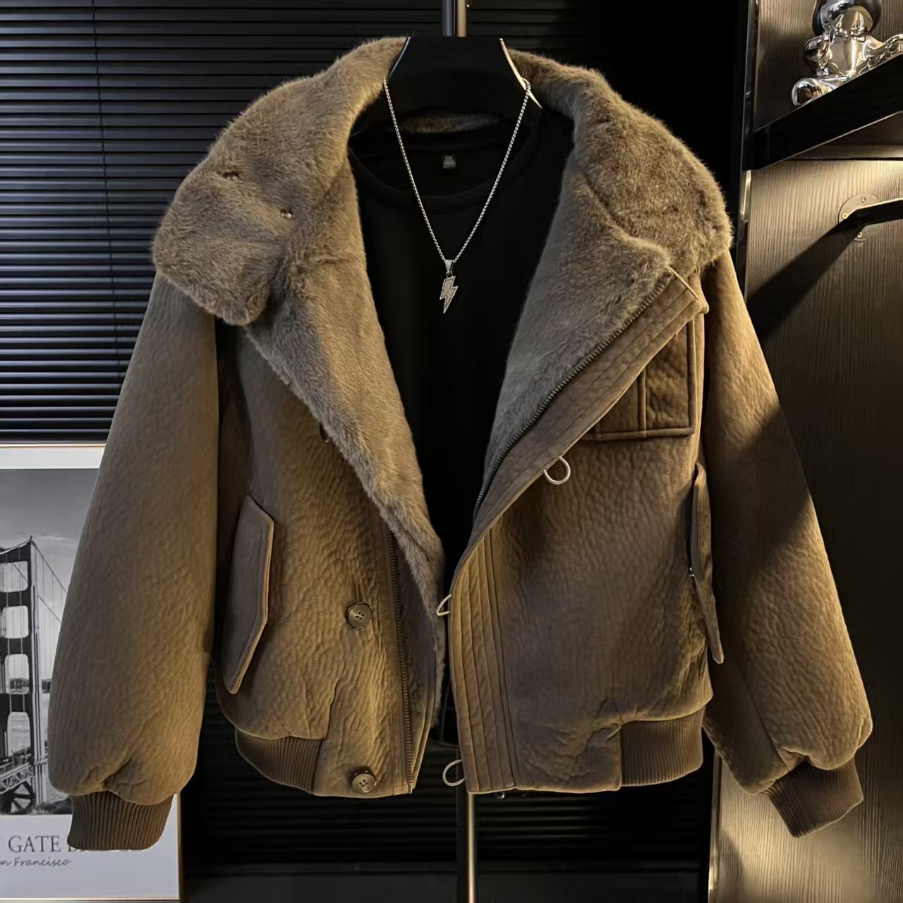 X-韩系冬季休闲保暖夹克加绒加厚翻领设计款