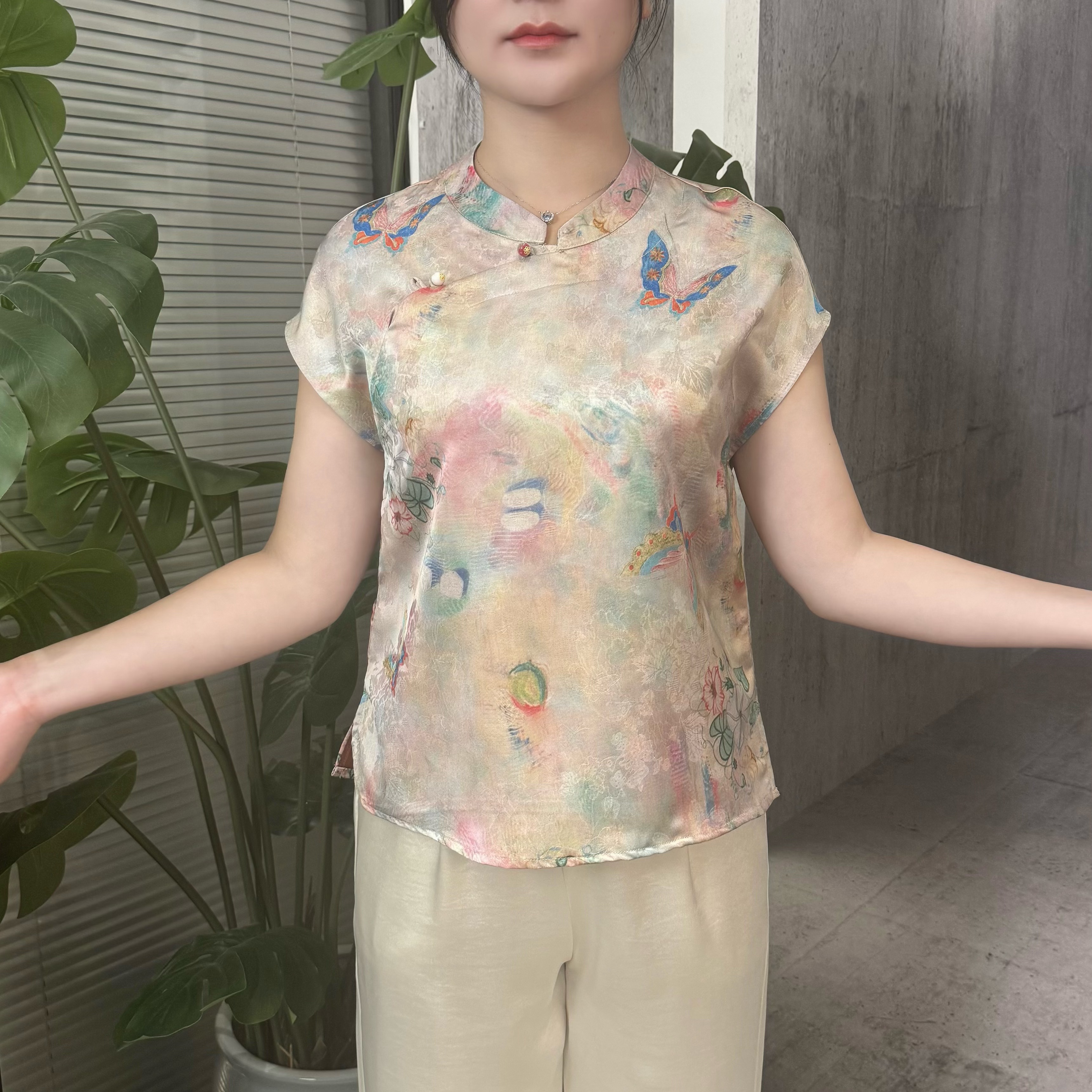 【蝴蝶语】夏季短袖提花新中式民族风衬衫复古上衣