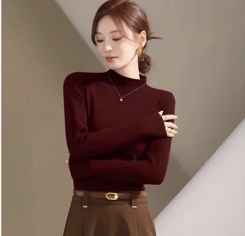 0641#净版小圆领打底衫上衣女洋气百搭时尚气质显瘦秋冬