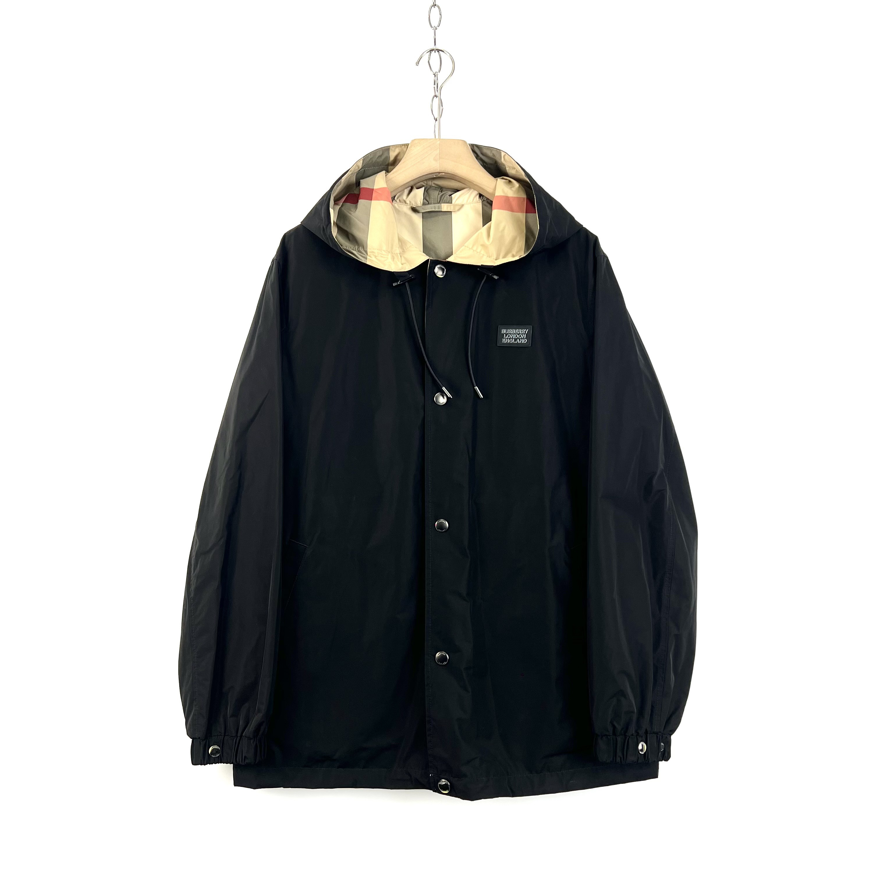 99新 BURBERRY/博柏利 M码/黑色卡其格纹双色两穿连帽外套/07740