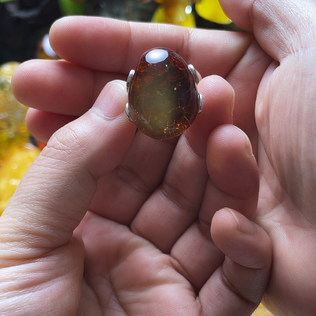 琥珀银S925镶嵌裸石戒指