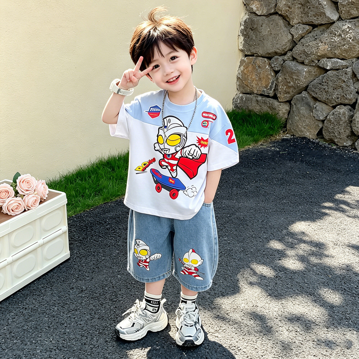 奥特曼男童套装2026夏季新款儿童短袖牛仔裤宝宝酷帅洋气夏装衣服