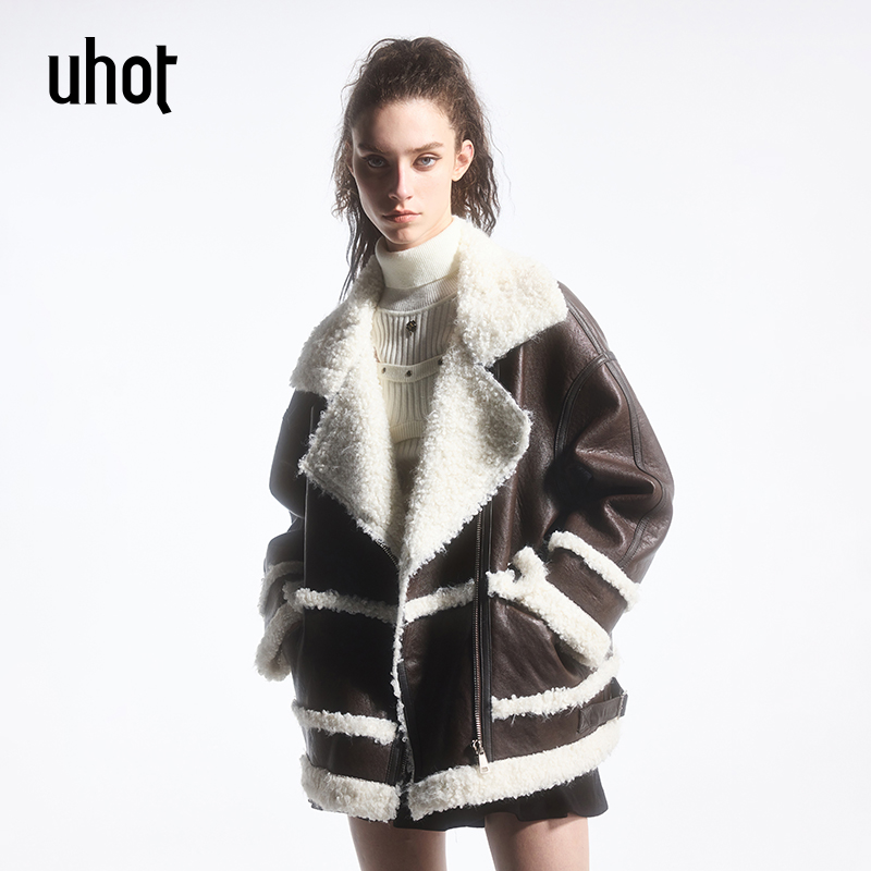 人造皮草 白毛领宽松型厚款长袖翻领秋冬夹棉外套UWFW6W203
