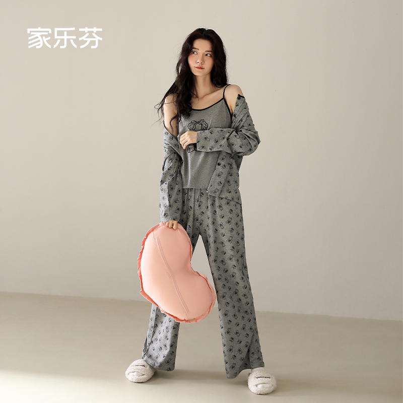 家乐芬睡衣女士春秋季纯棉长袖家居服大码可爱小熊甜美吊带三件套