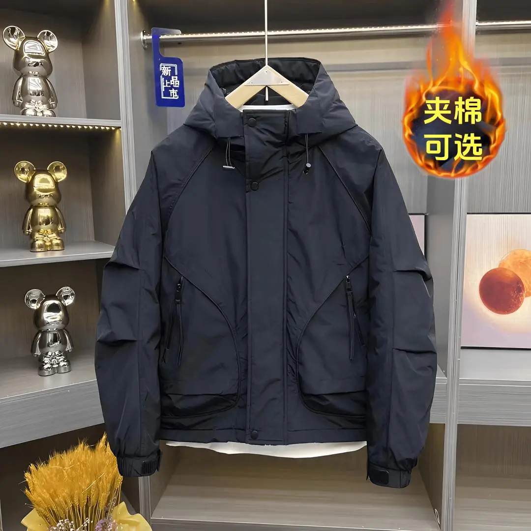 2025秋冬季加棉外套男百搭冲锋衣男士潮流宽松工装加厚连帽夹克男
