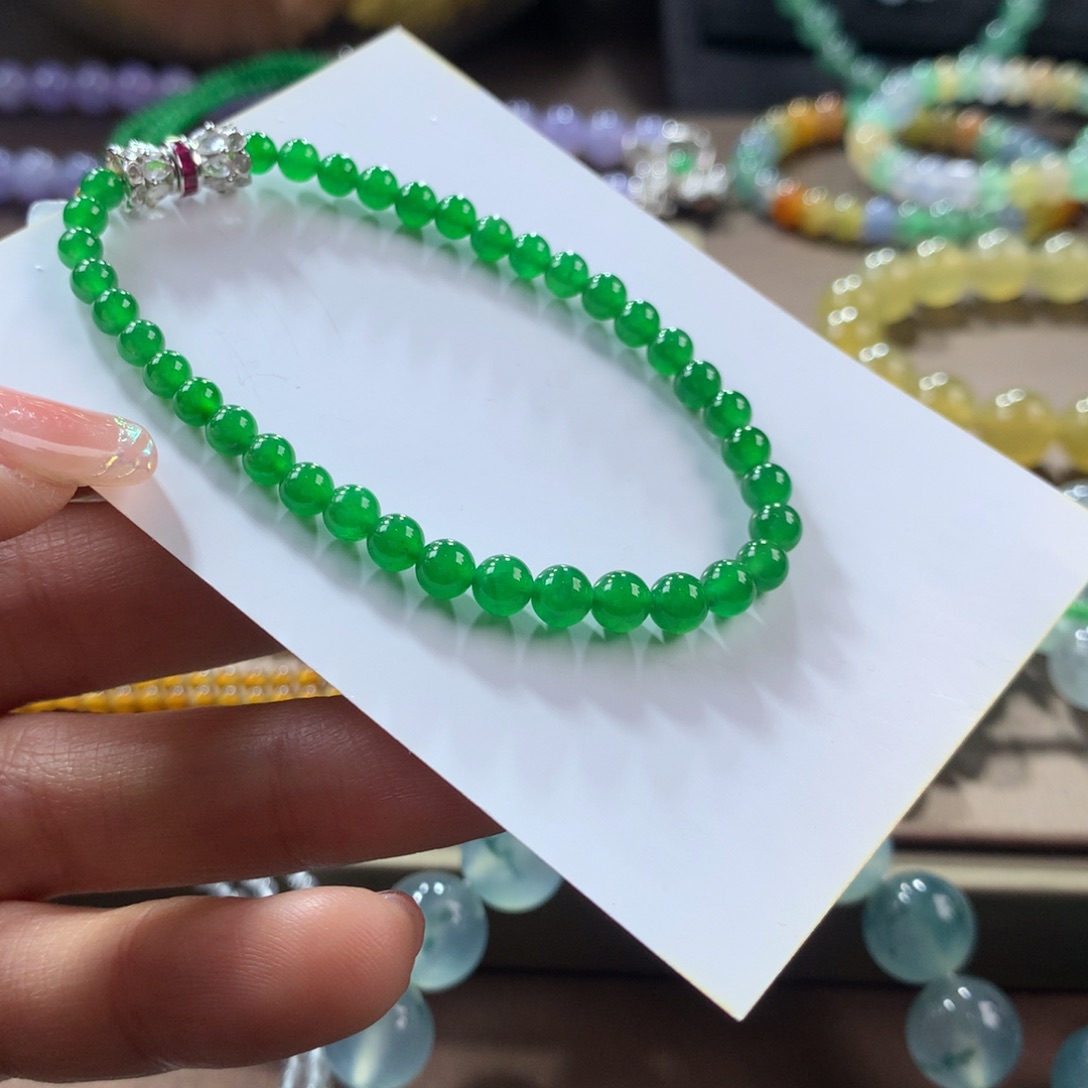 翡翠手链未镶嵌浓正阳绿手串卡4-5