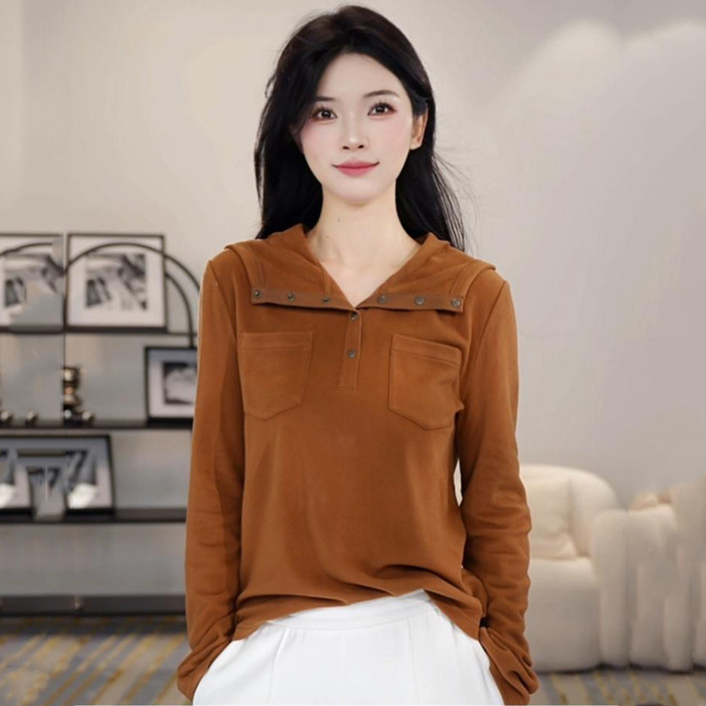 【商场同款】休闲美拉德连帽卫衣女领口按扣口袋套头长袖上衣530086