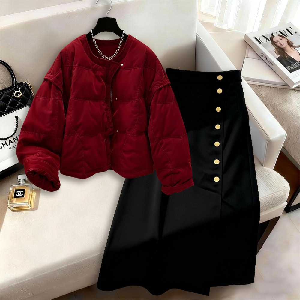 2025冬季新款网红洋气时尚套装气质保暖棉服高腰半身裙一整套女装