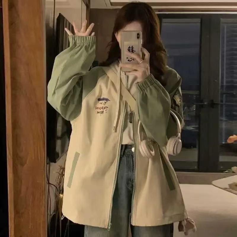 【A1171-A1180】连帽长袖韩版常规薄款风衣百搭拉链学院风拼接复古