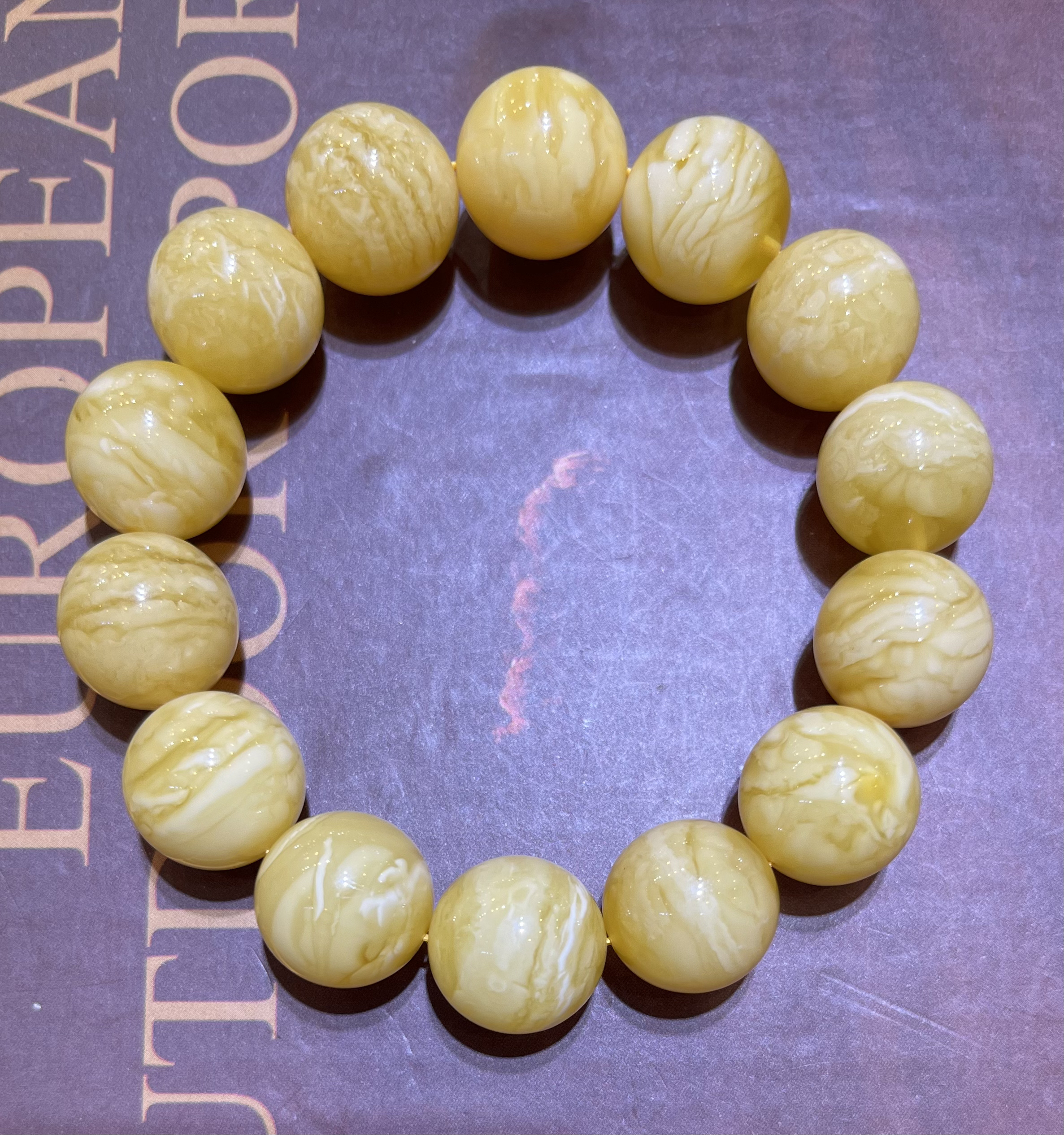 琥珀白花蜜蜡虎皮纹圆珠手串，15-16m，30.88g，天然原矿