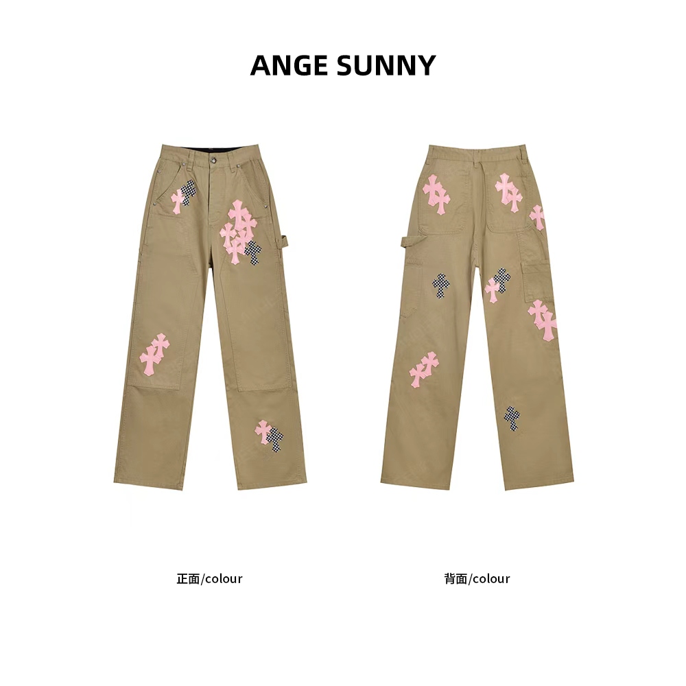 ANGE SUNNY【王紫璇同款 粉色十字标工装裤】重工贴布刺绣休闲长裤