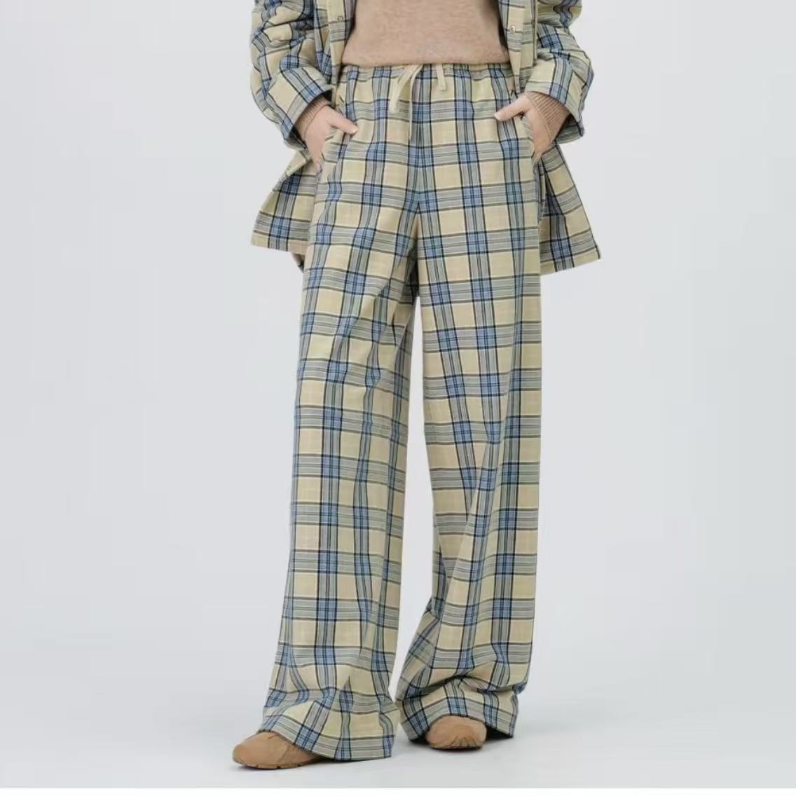 AMASS/阿玛施秋冬经典格纹复古时尚高腰抽绳阔腿休闲长裤5100552