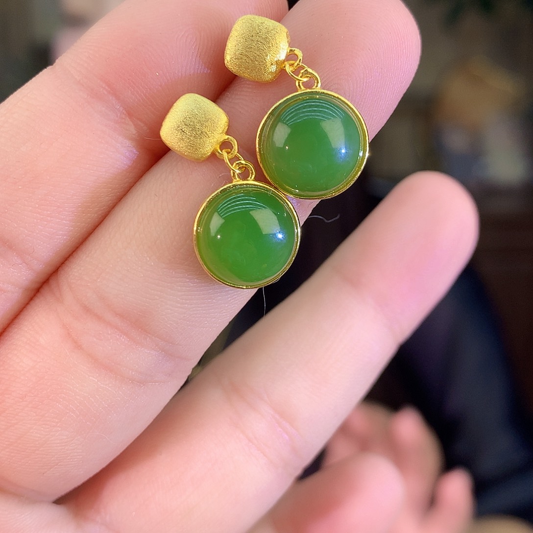 吊坠(不含链)银S925镶嵌和田玉（碧玉）耳饰