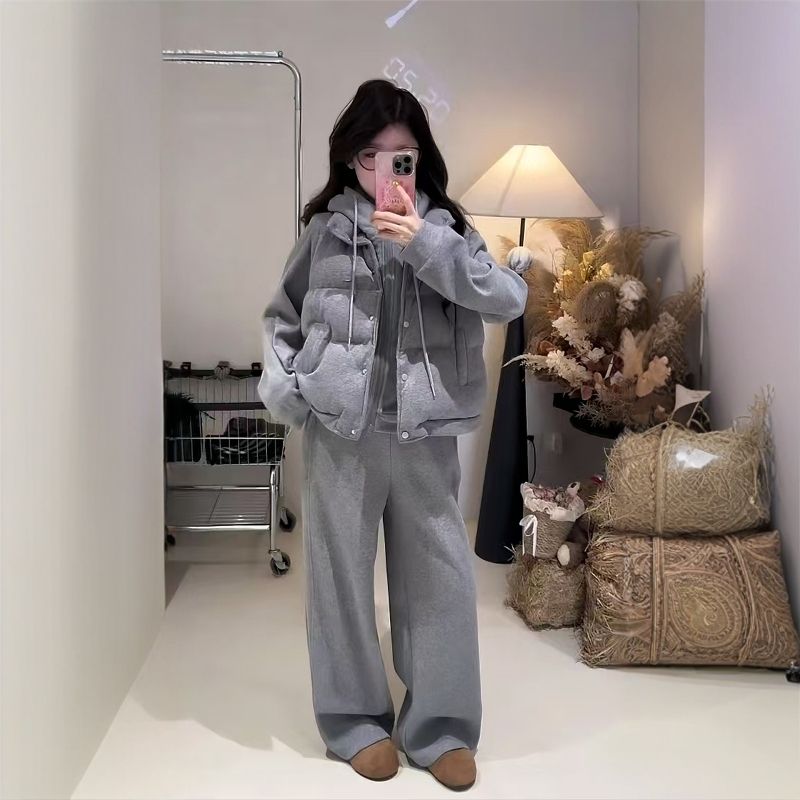 灰色运动时尚套装女秋冬小个子卫衣加厚棉服马甲外套休闲裤三件套